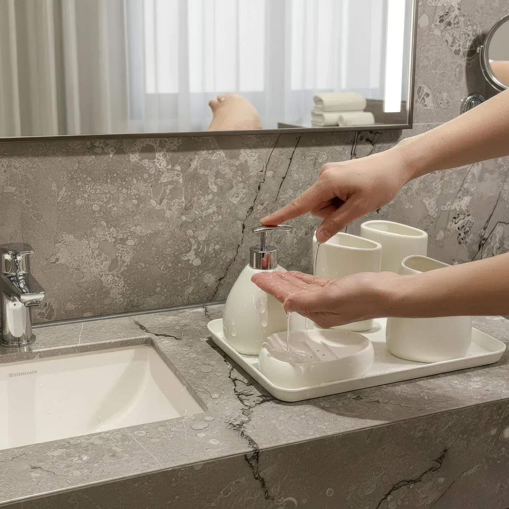 Elegant Bathroom Set with Soap Dispenser and Tumblers