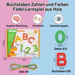 Wooden educational toy for threading letters, numbers, and colors