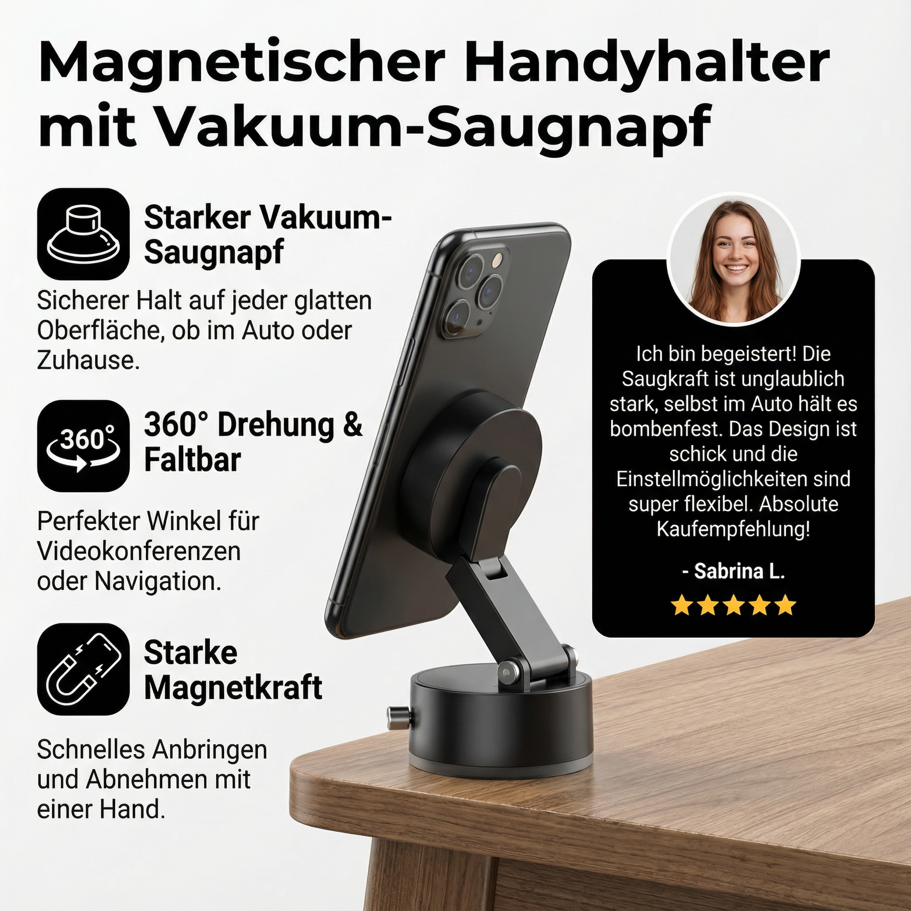 Kompakter, doppelseitiger Smartphone-Halter mit Vakuum-Magnet