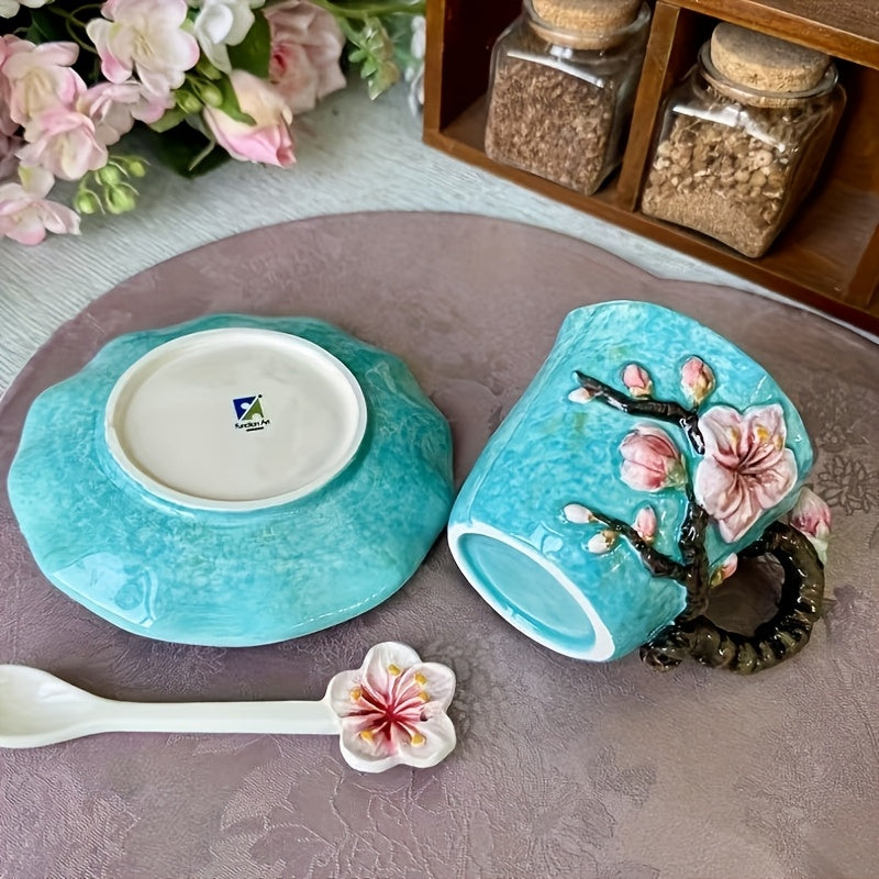 Keramiktasse mit Unterteller – Handbemaltes 3D-Design inspiriert von Van Gogh