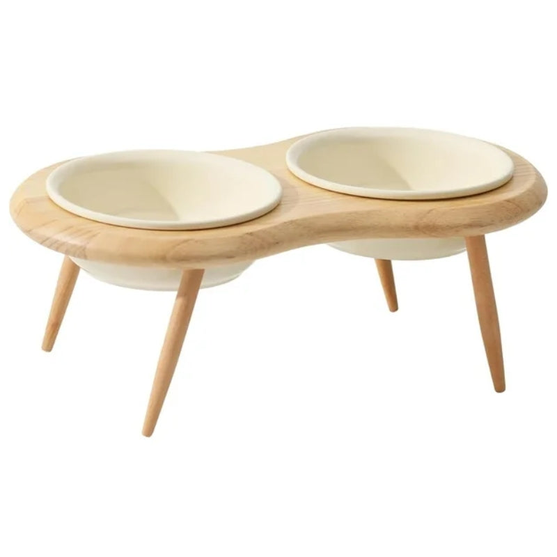 High-quality ceramic cat feeding station with wooden stand