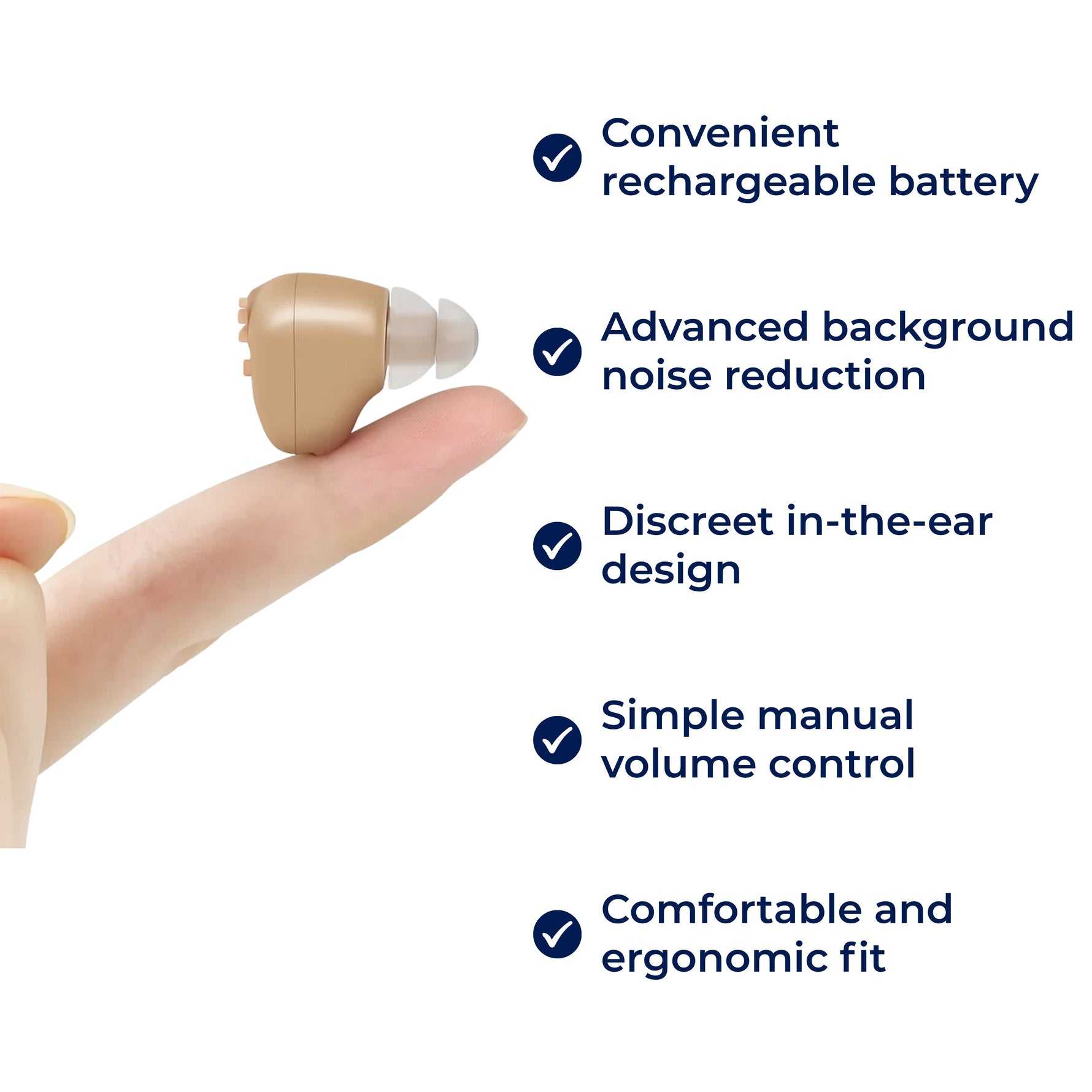 Rechargeable ITE Hearing Amplifier - Noise Reduction - Ergonomic Fit for Seniors