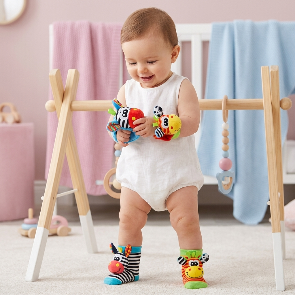 Plush socks and bracelet for babies with sensory elements