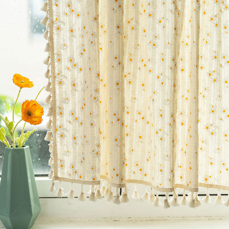 Beige Vorhang mit Gänseblümchenmuster aus Baumwoll-Leinenstoff
