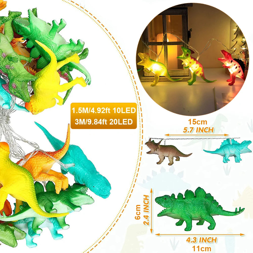 DinoLichter | LED-Dinosaurier-Lichterkette für Kinder | Warmweiß | 1,5 m / 3 m Batteriebetrieben