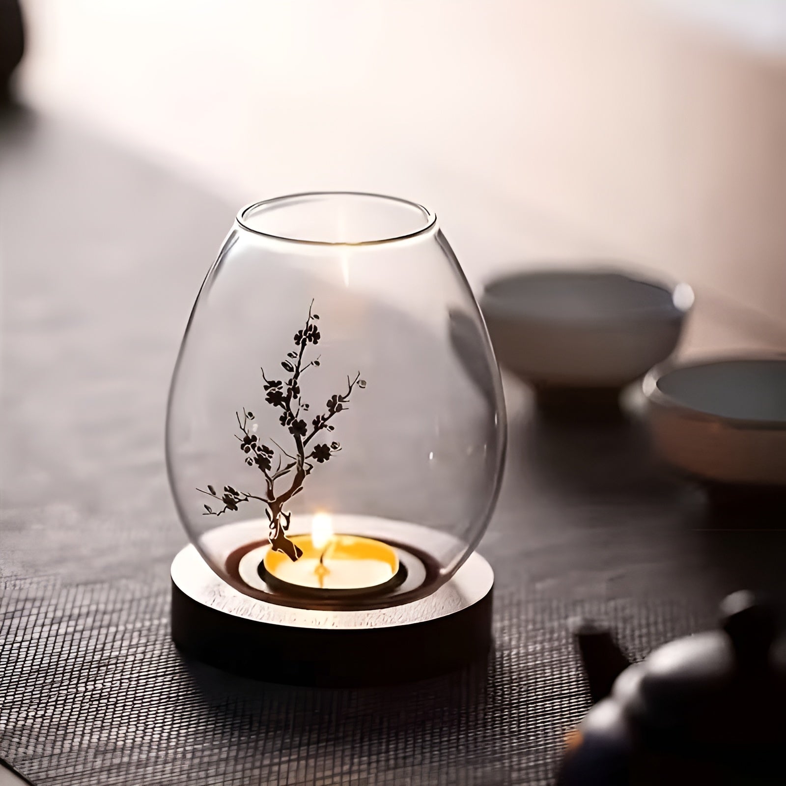 Elegant Set of 2 Glass Candle Holders with Wooden Base – Retro-Zen Flair for Your Home