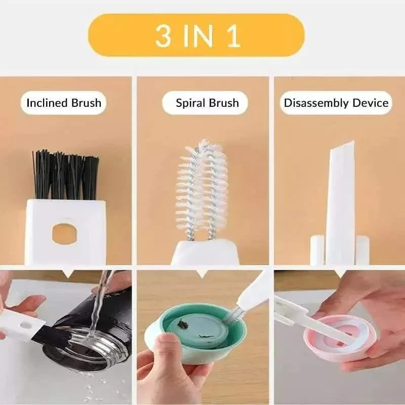 3-in-1 cleaning brush for bottle caps with rubber ring and groove