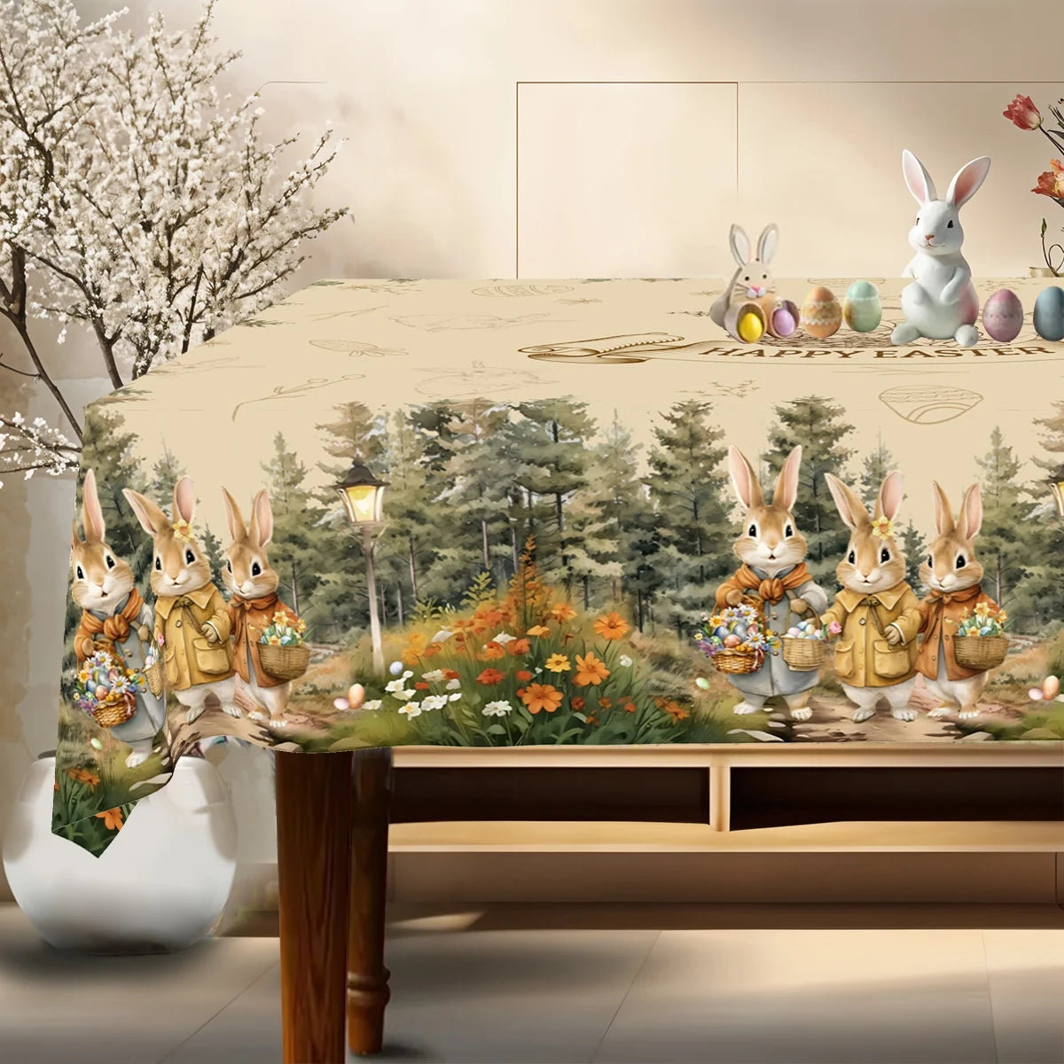 Festlicher Tischläufer für Ostern | Charmante Hasen- und Blumenmuster
