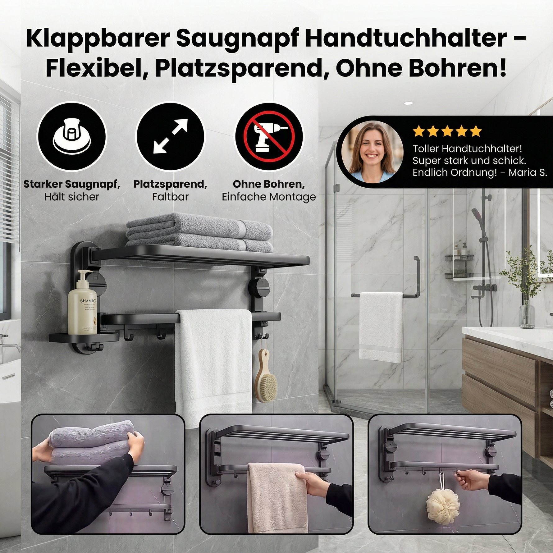Kompakter Handtuchhalter mit Saugnäpfen – Flexibel und ohne Bohren