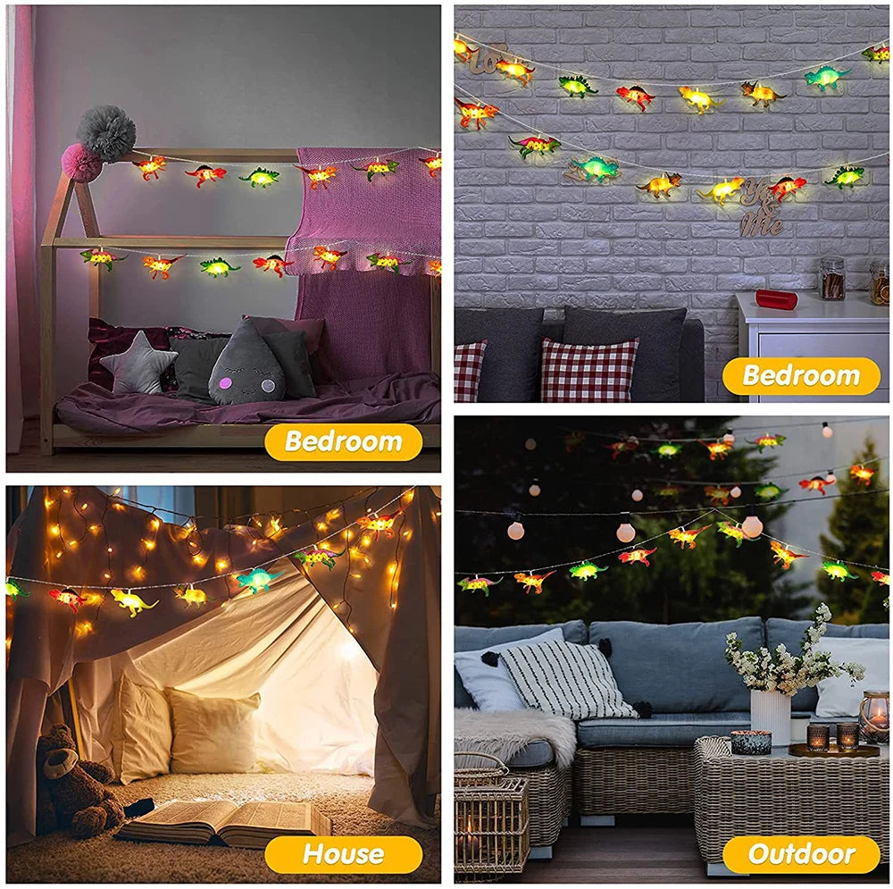 DinoLichter | LED-Dinosaurier-Lichterkette für Kinder | Warmweiß | 1,5 m / 3 m Batteriebetrieben