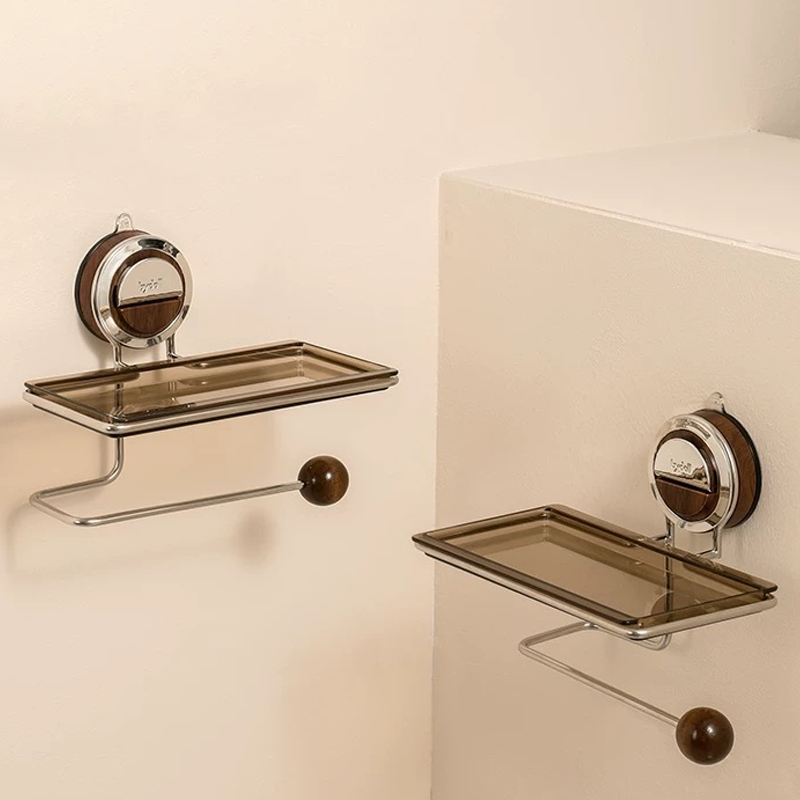 Secure Stainless Steel Toilet Paper Holder with Suction Cup – Tool-Free Installation with Wood Grain Finish