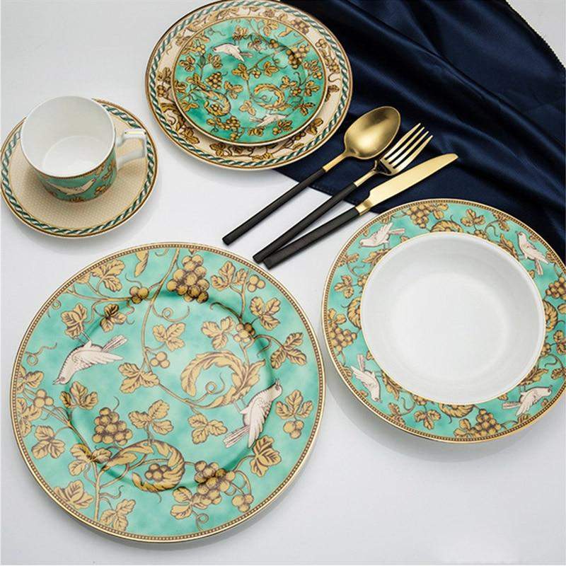 Elegant porcelain dinnerware set with gold accents