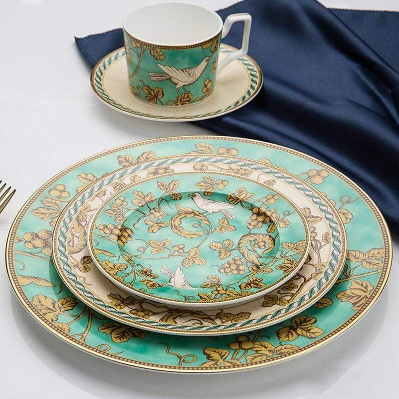 Elegant porcelain dinnerware set with gold accents