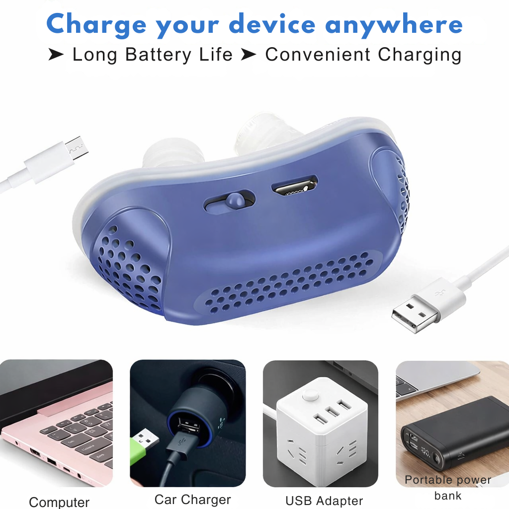 Noiseless Nasal Device Against Snoring | Portable Breathing Aid Without Mask | USB Rechargeable Battery