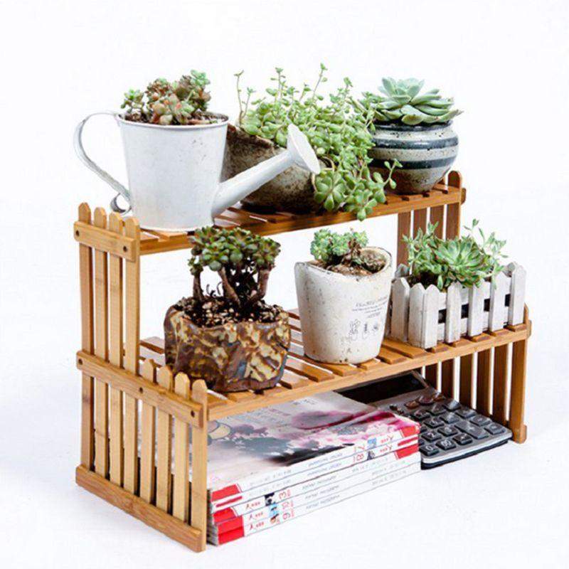 Bamboo Plant Shelf with Flowers
