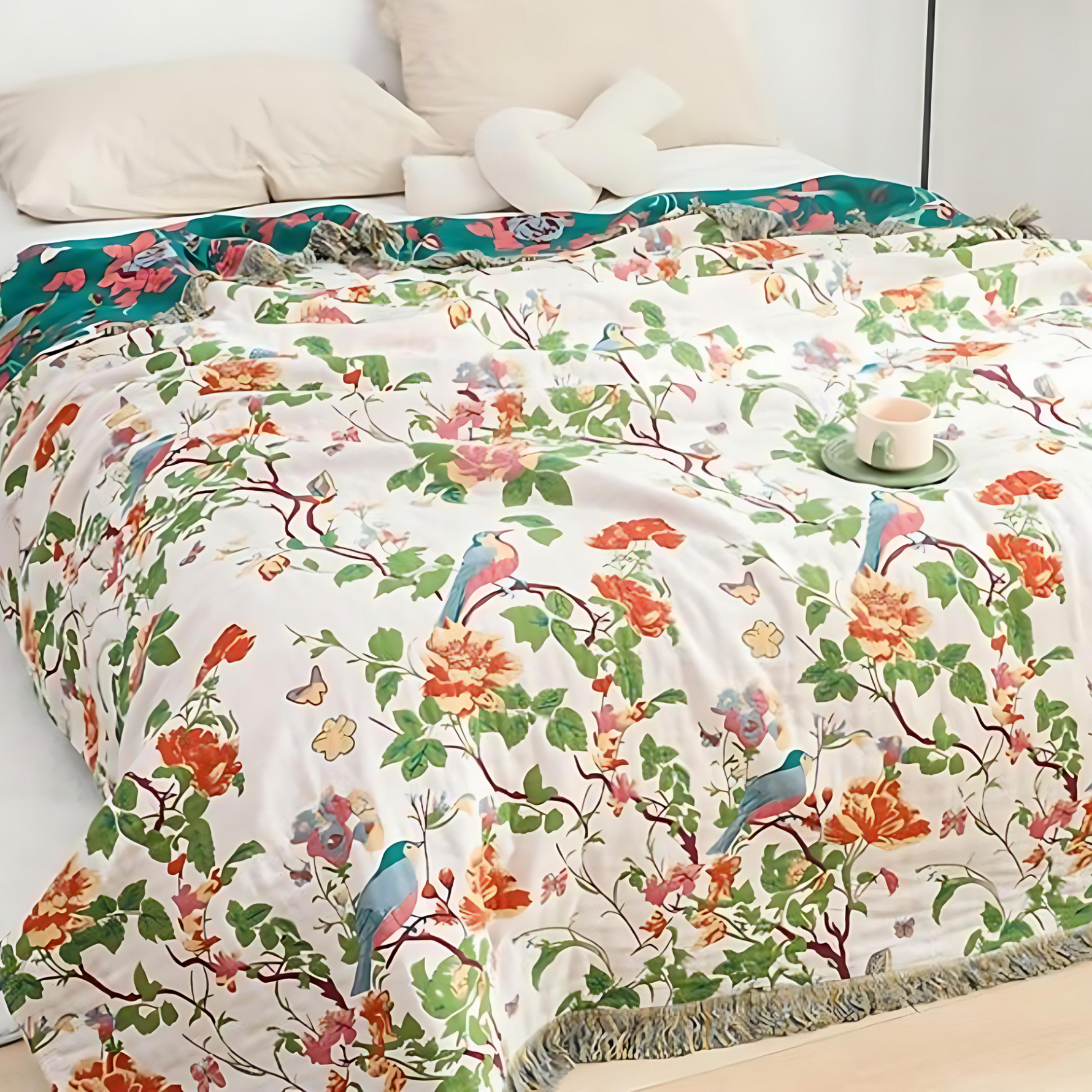 Reversible cotton blanket with botanical design