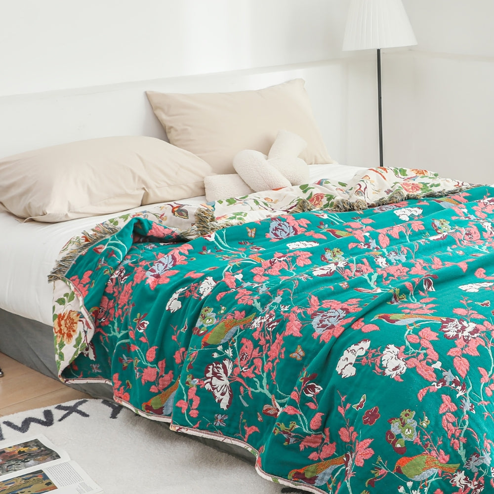 Reversible cotton blanket with botanical design