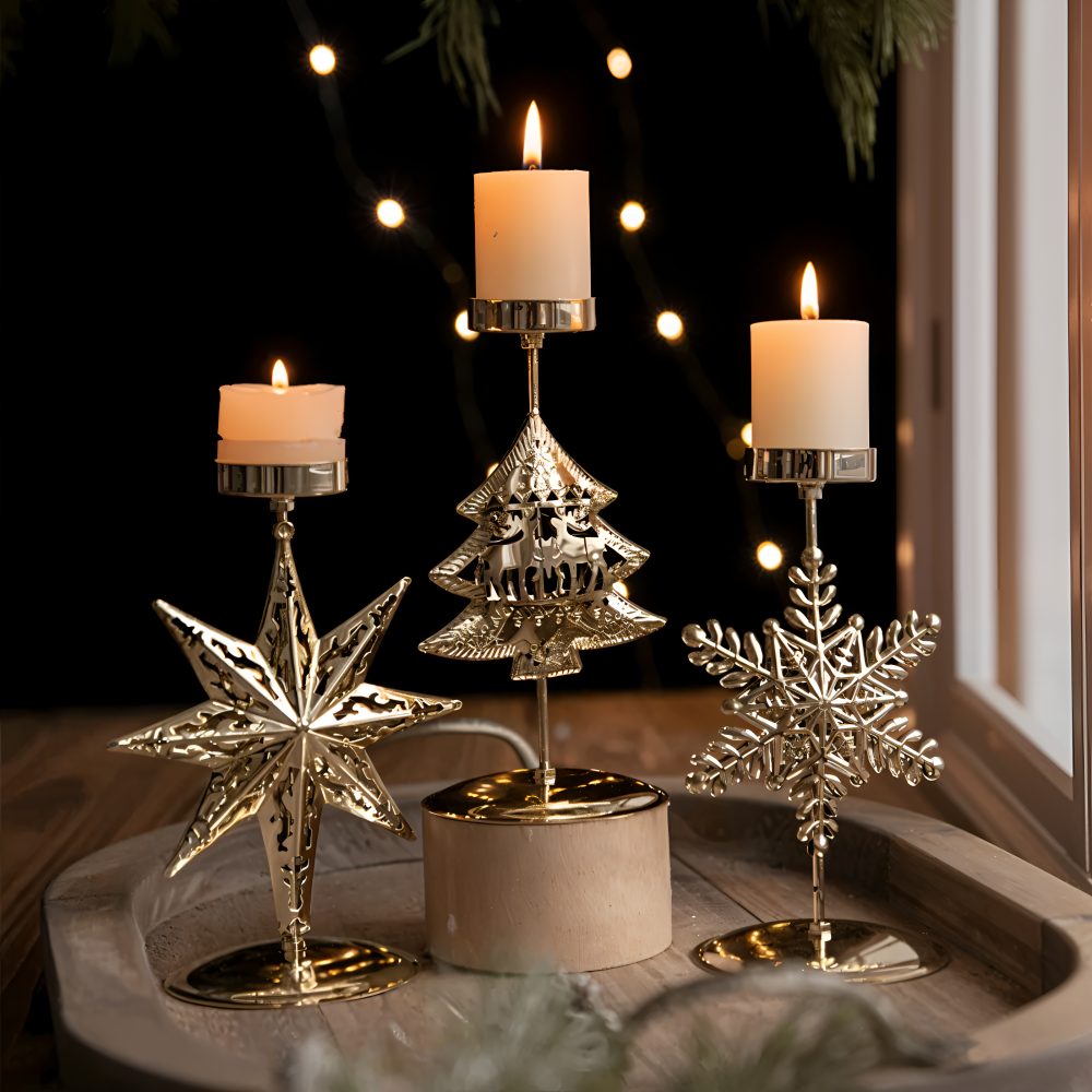 Vintage Golden Christmas Candle Holder - Atmospheric Table Decoration