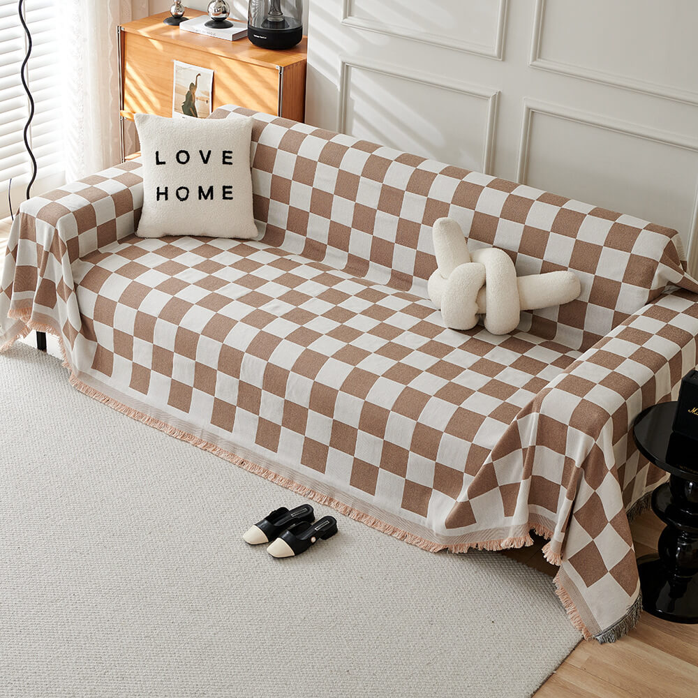 Duvet cover with checked pattern, color block design, and fringes