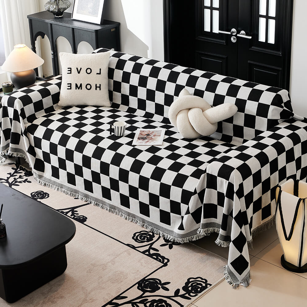 Duvet cover with checked pattern, color block design, and fringes