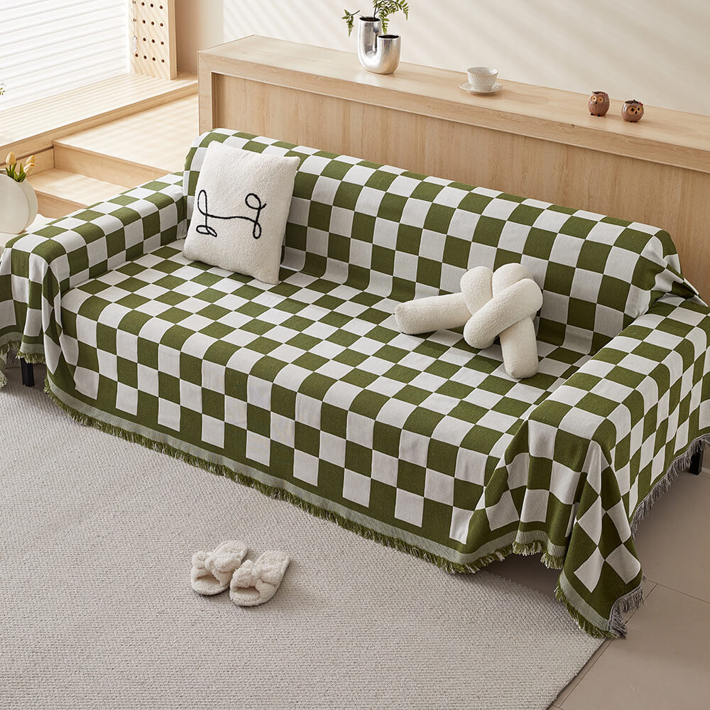 Duvet cover with checked pattern, color block design, and fringes