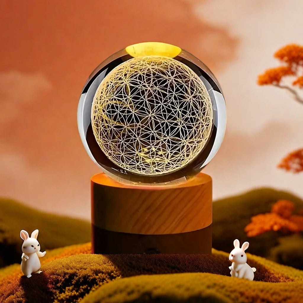 Faszinierende Kristallkugel mit 3D Lebensblume und Farbwechsel-LED