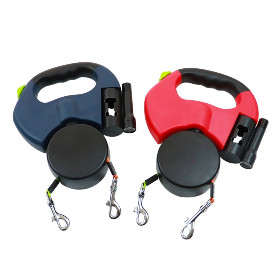 Doppelte Rückziehbare Hundeleine | Mit Taschenlampe und Halter für Hundekotbeutel