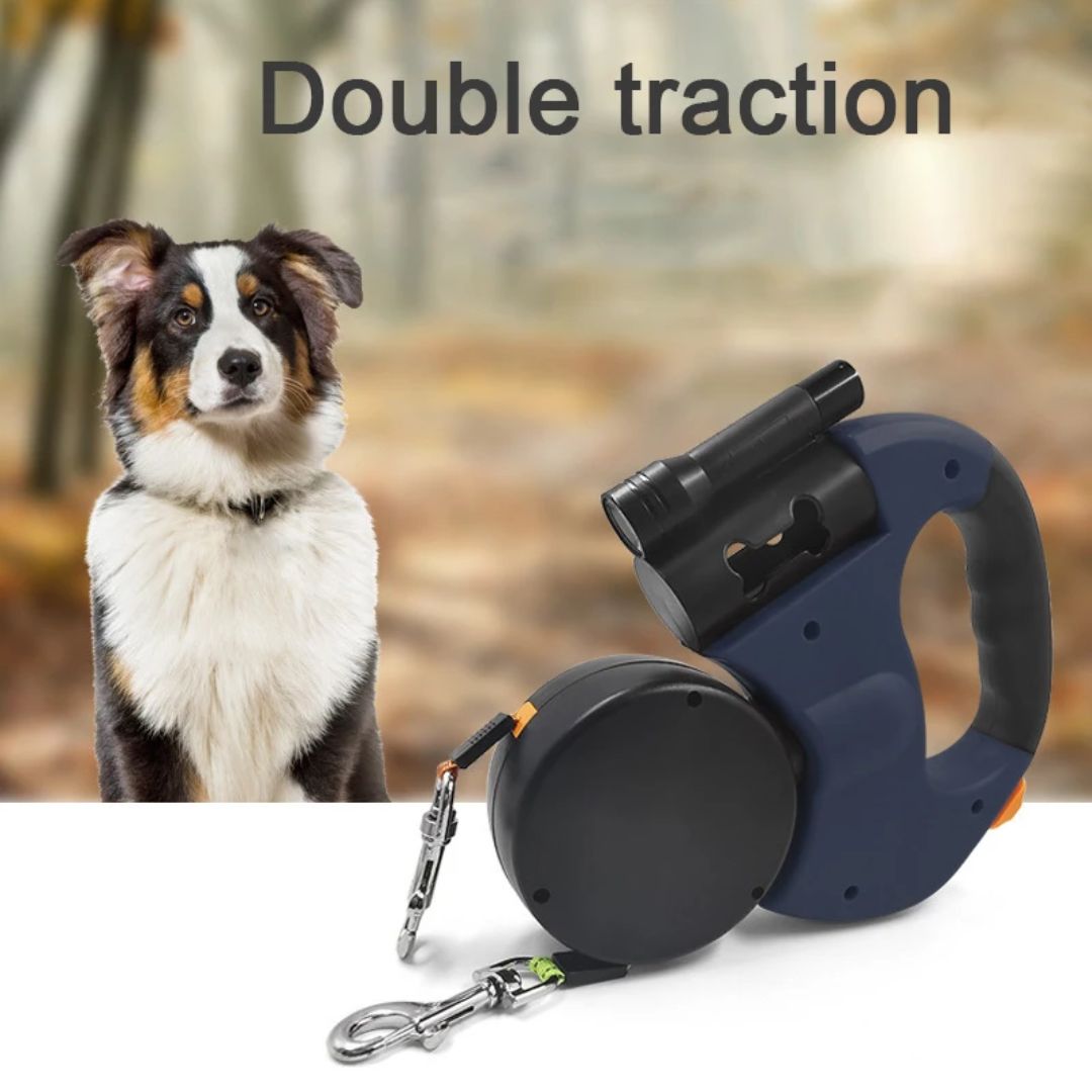 Doppelte Rückziehbare Hundeleine | Mit Taschenlampe und Halter für Hundekotbeutel