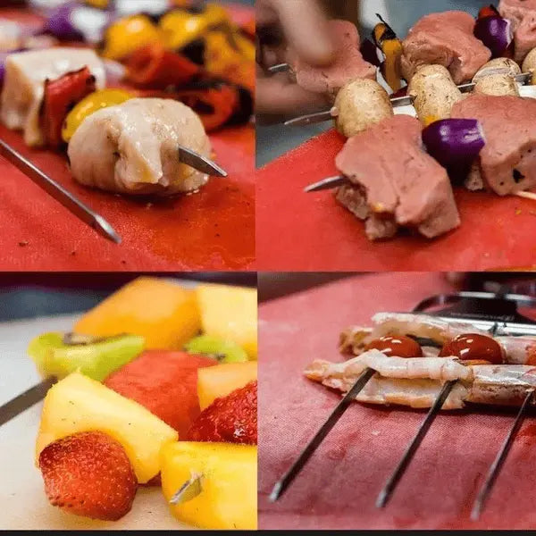 Robuste Grillspieße aus Edelstahl mit Doppelzinken und Schiebeschaber