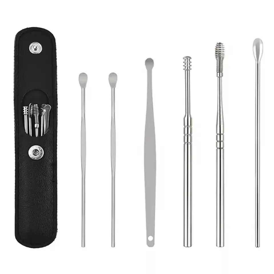 Practical ear cleaning set with 6 stainless steel tools and case