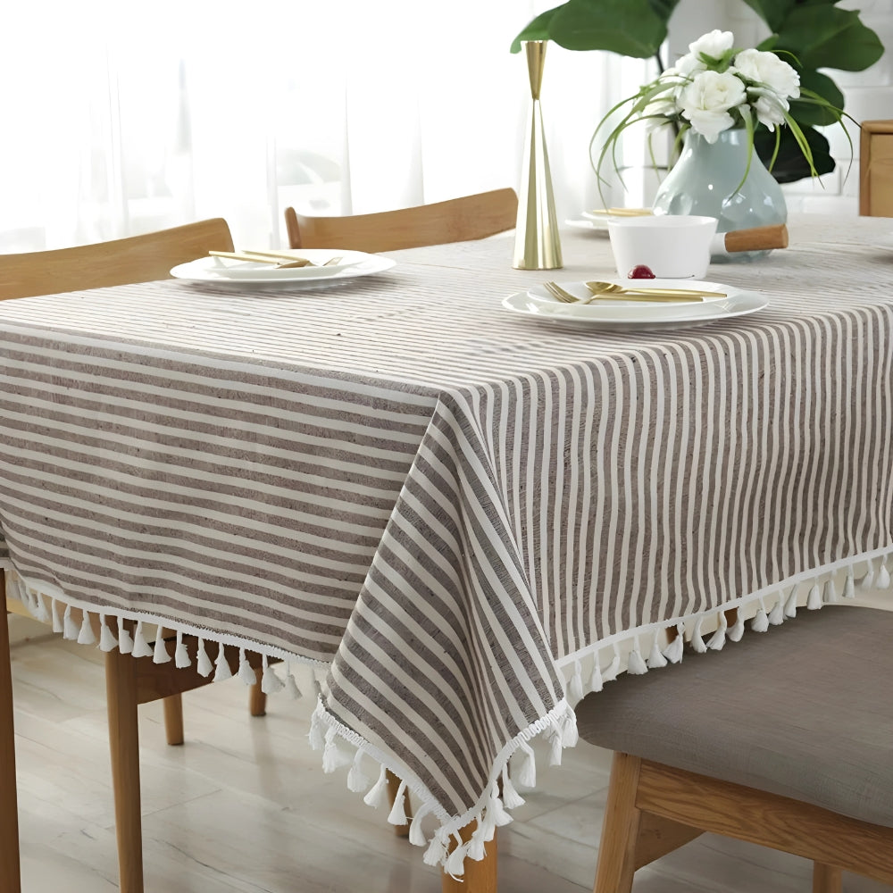 Stylish striped tablecloth with tassels made of microfiber