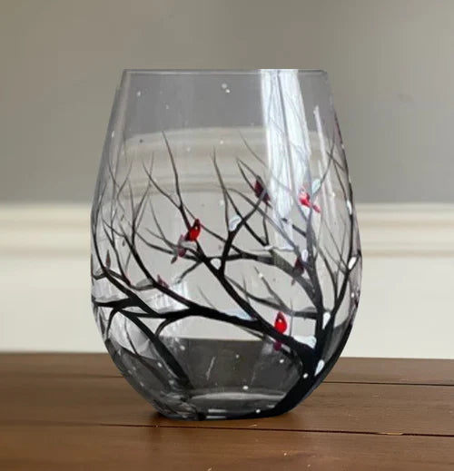 Weingläser mit Jahreszeitenbaum - Handbemalte Kunstwerke