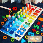 Wooden play board for promoting skills according to Montessori principles
