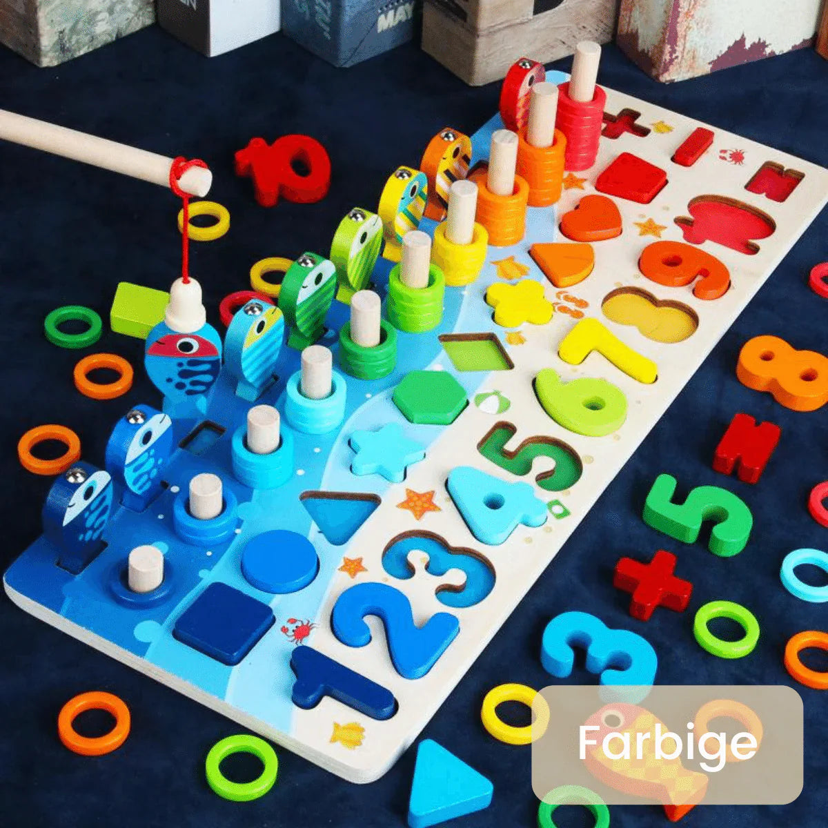 Wooden play board for promoting skills according to Montessori principles