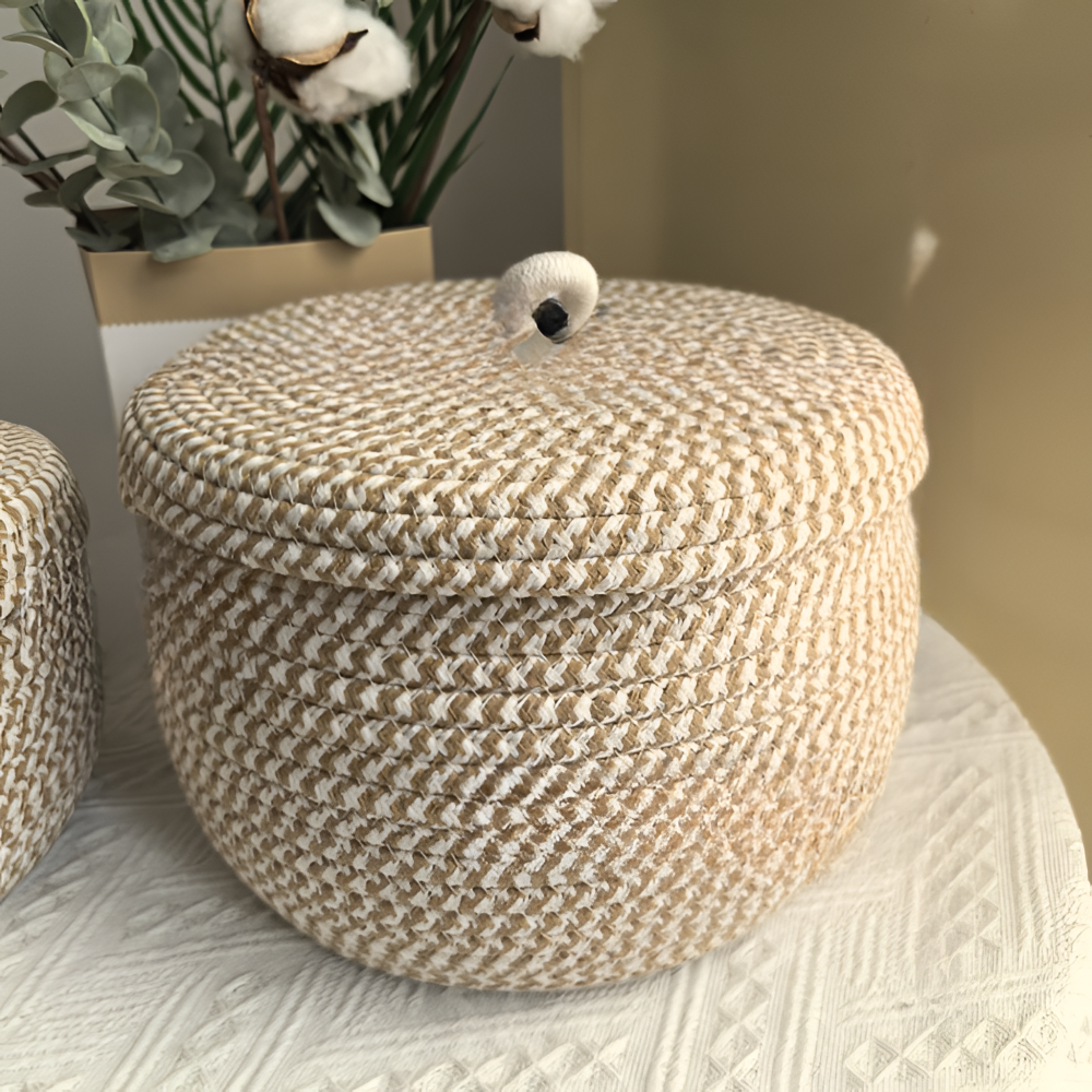 Stilvoller Aufbewahrungskorb | Runde Box mit Deckel | Handgewebt | NaturCharm