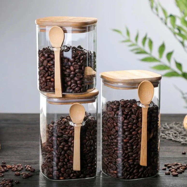 Set of 3 bamboo and glass containers