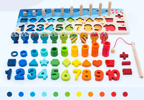 Wooden play board for promoting skills according to Montessori principles