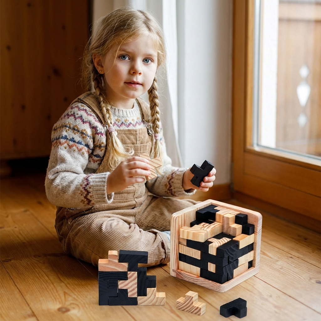3D Wooden Cube Puzzle – Educational Brain Teaser for Children (54 Pieces)