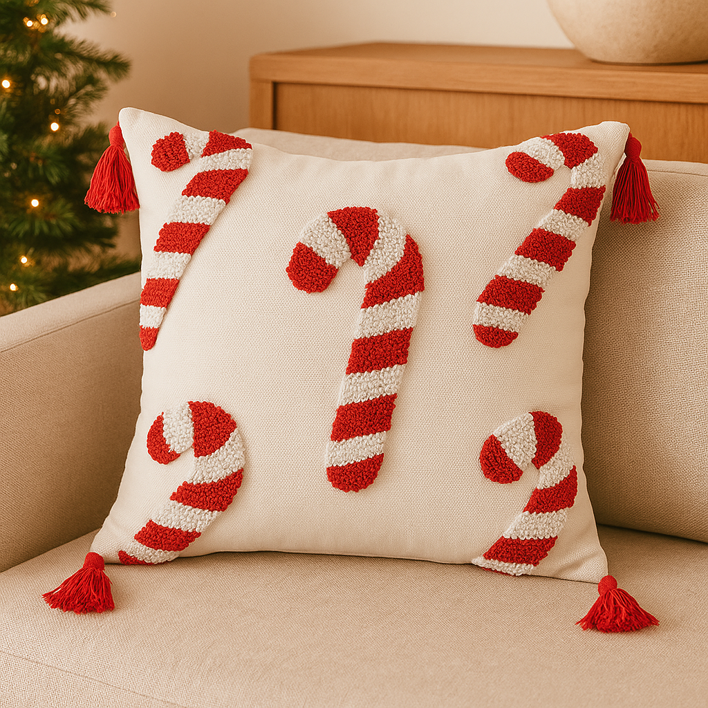 Christmas cushion cover with candy cane pattern for a festive atmosphere