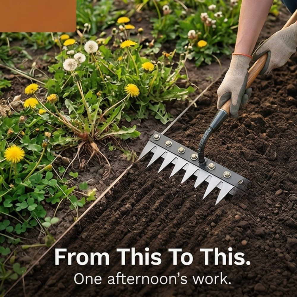 Carbon steel weeding rake with pointed tines
