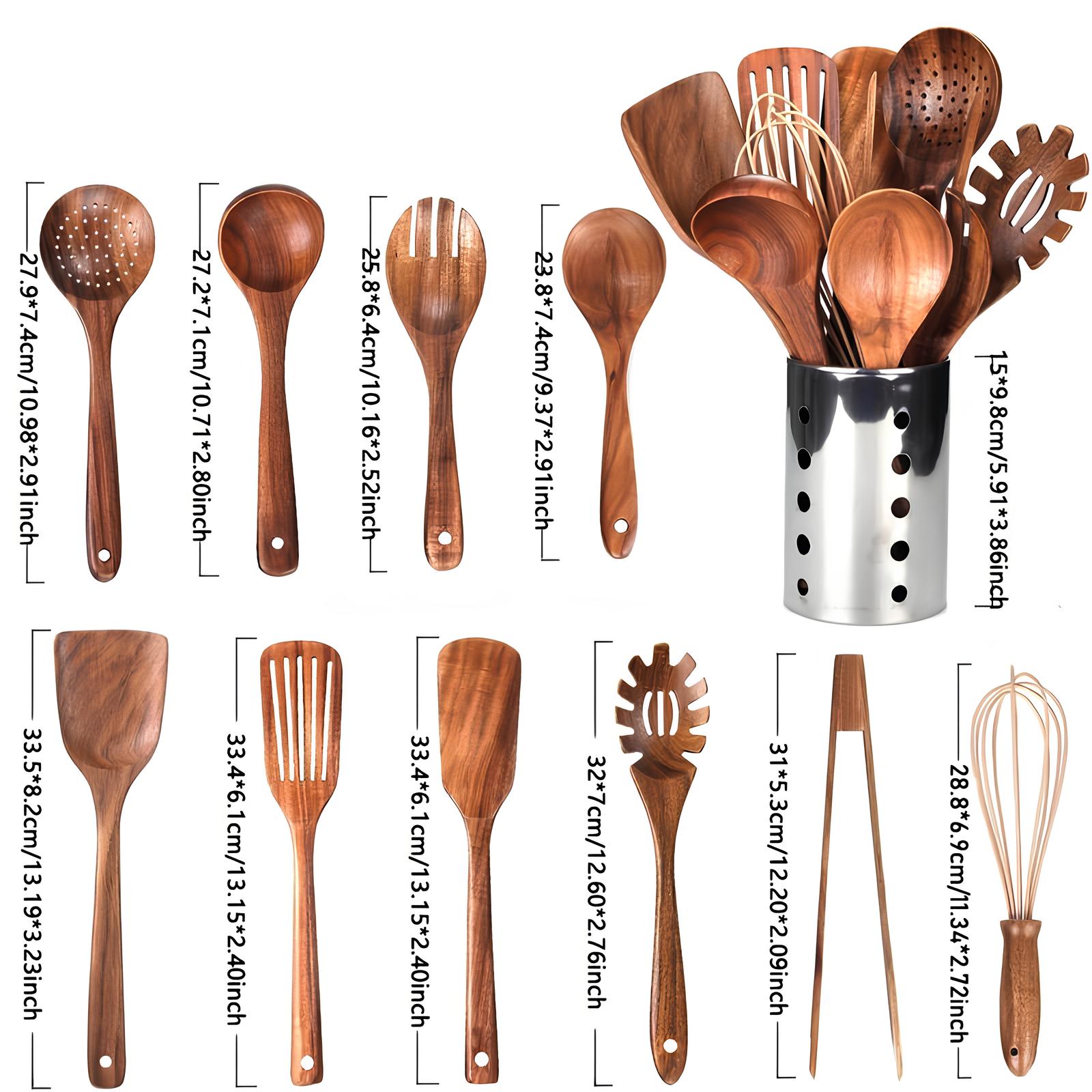Elegantes 11-teiliges Küchenhelfer-Set aus Teakholz mit Halter