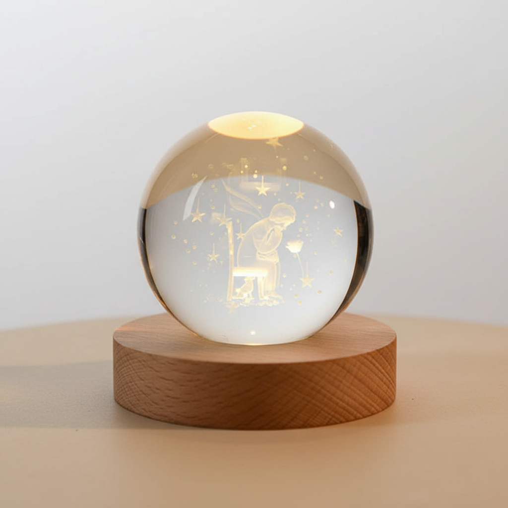AstroGlobus 3D Tischlampe – Kugelförmige Holzlampe mit warmem LED-Licht und Planetendesign