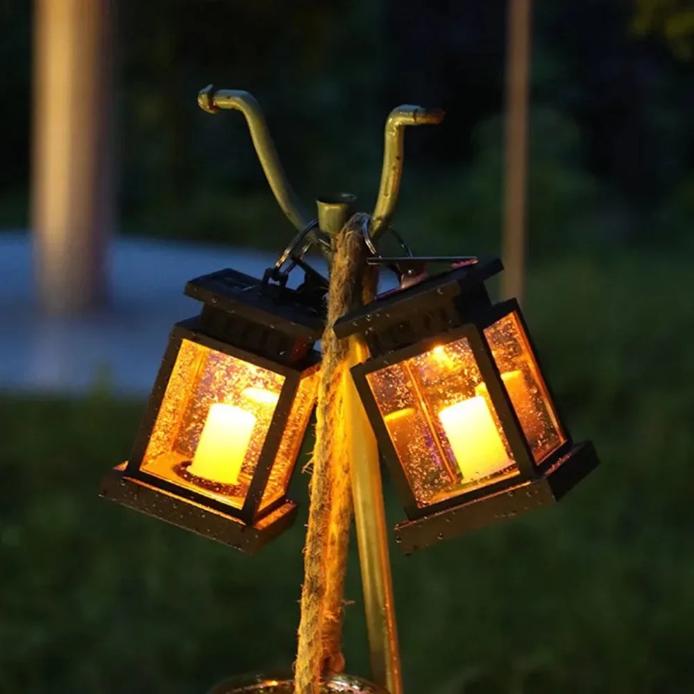 Solar lamp with flickering LED light, weatherproof