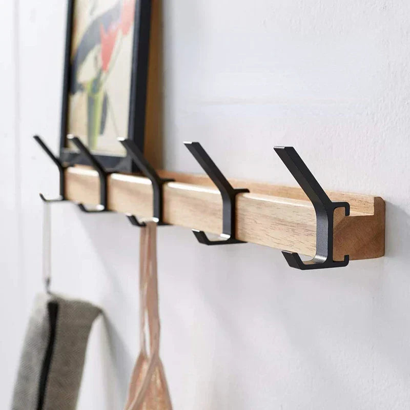 Wall Coat Rack with Flexible Hooks – Stylish Black in Wood & Aluminum – 40x7x7 cm for Hallway & Bedroom