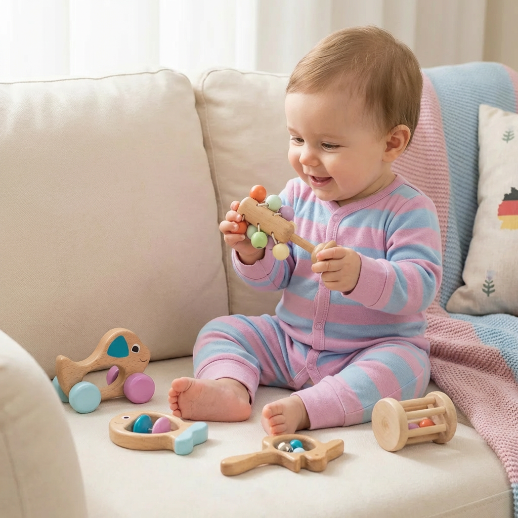 Wooden Toy Gift Set for Babies - Rattle and Musical Toy