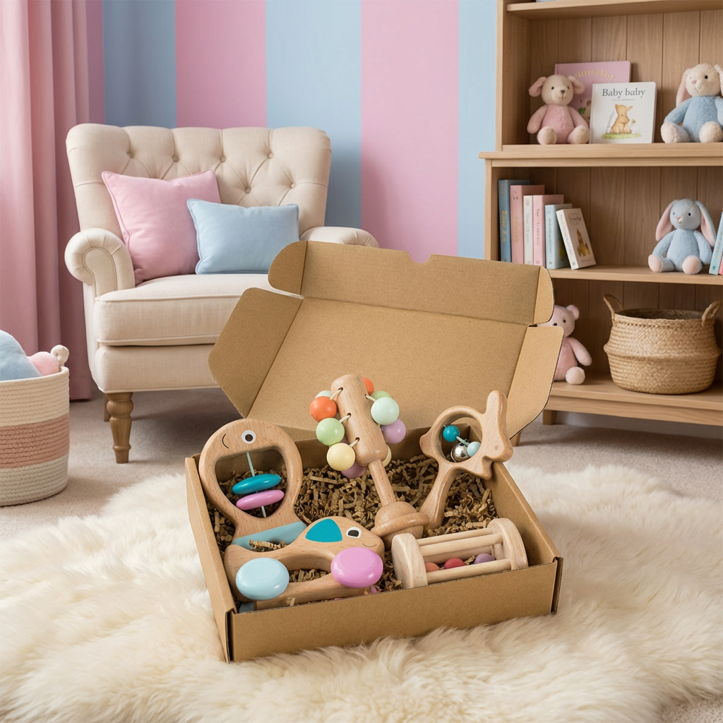Wooden Toy Gift Set for Babies - Rattle and Musical Toy