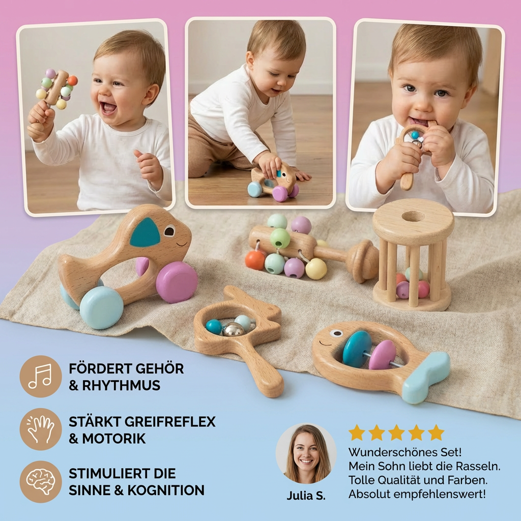 Wooden Toy Gift Set for Babies - Rattle and Musical Toy