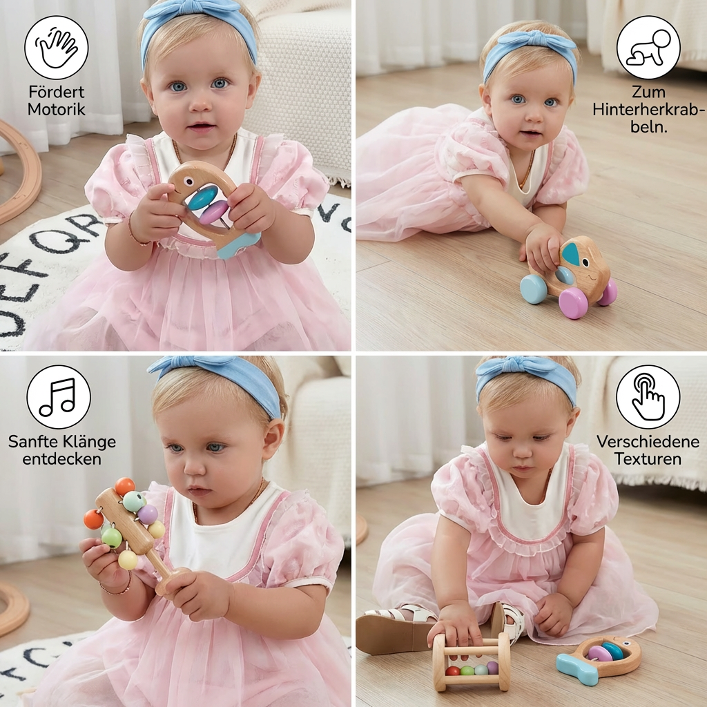 Wooden Toy Gift Set for Babies - Rattle and Musical Toy