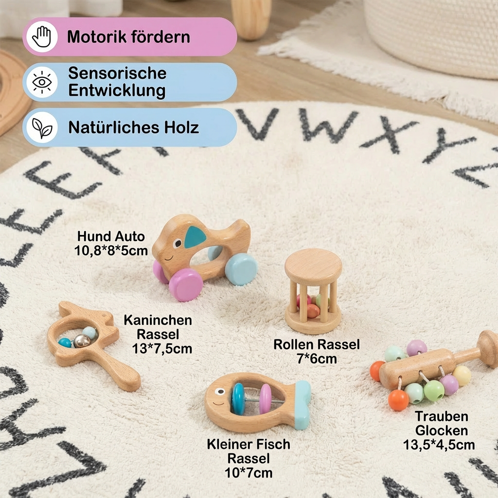 Wooden Toy Gift Set for Babies - Rattle and Musical Toy