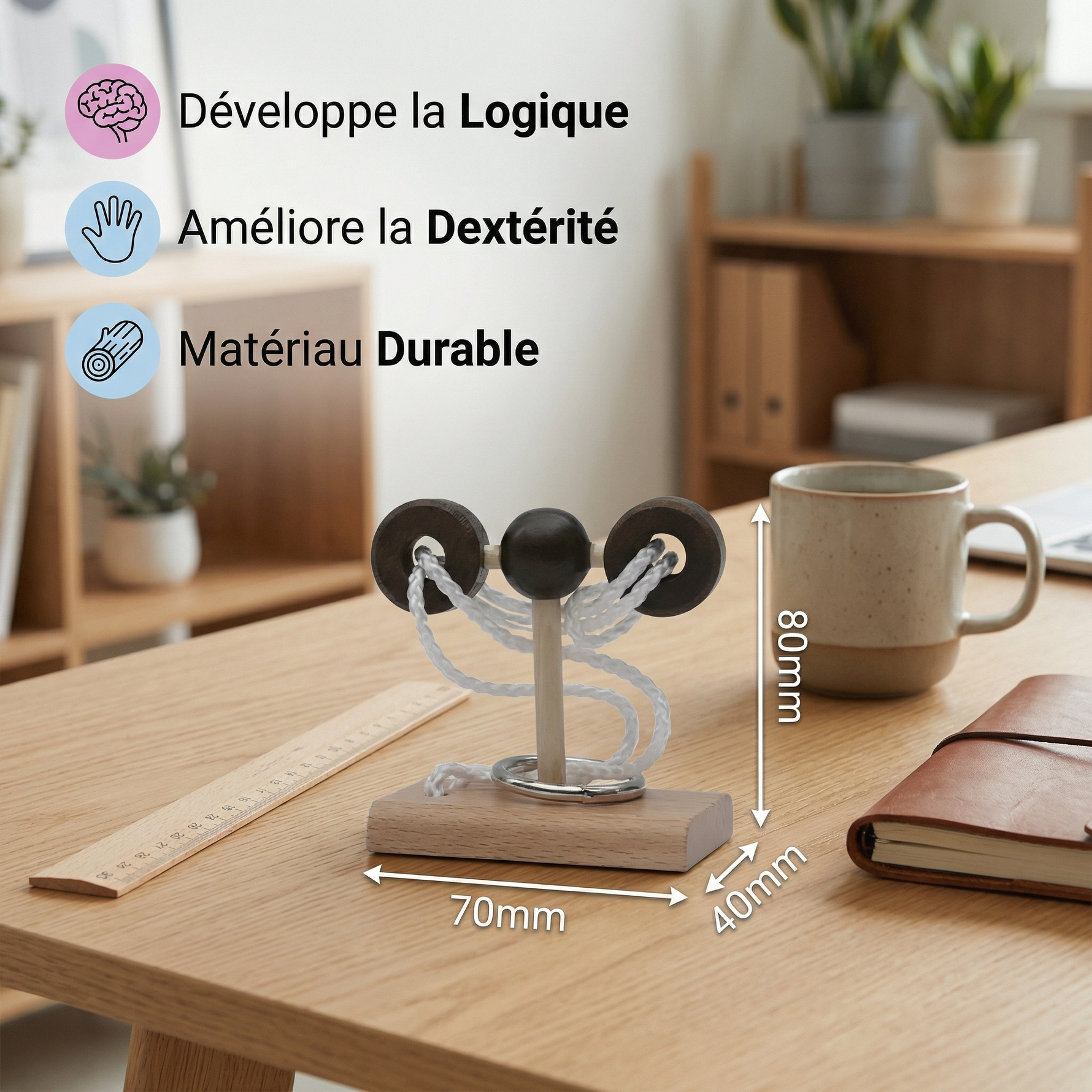 Wooden Family Puzzle Game - Handmade IQ Puzzle with Rope